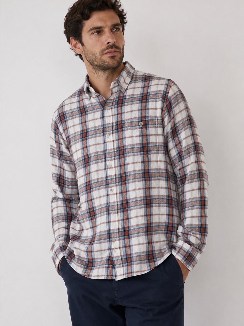 Weatherproof Vintage Men’s M Plaid Button Down Shirt Blue Rust Long Sleeve